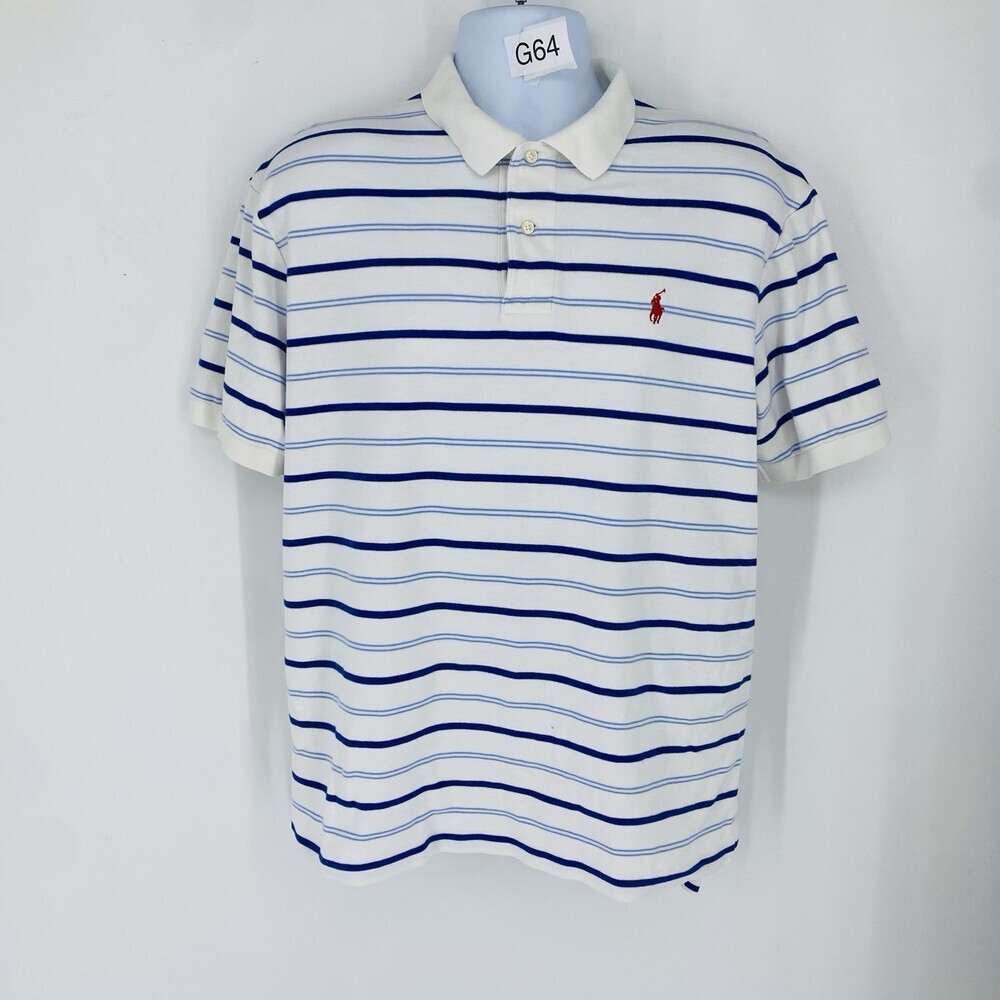 Polo Ralph Lauren Polo Shirt Large Blue White Navy Striped Short Sleeve Preppy